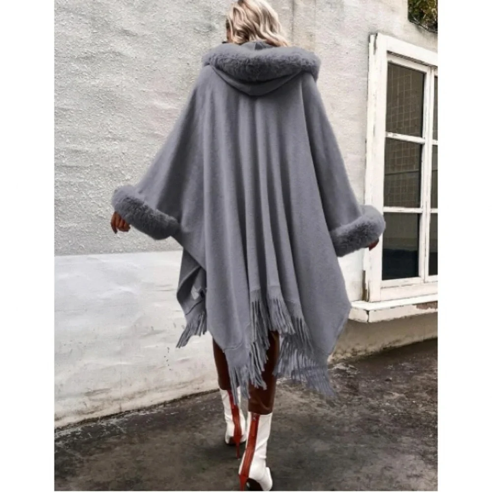 Cozy vegan fur dolman sleeve tssel poncho shawl scarf wrap cardigan - Picture 14 of 16